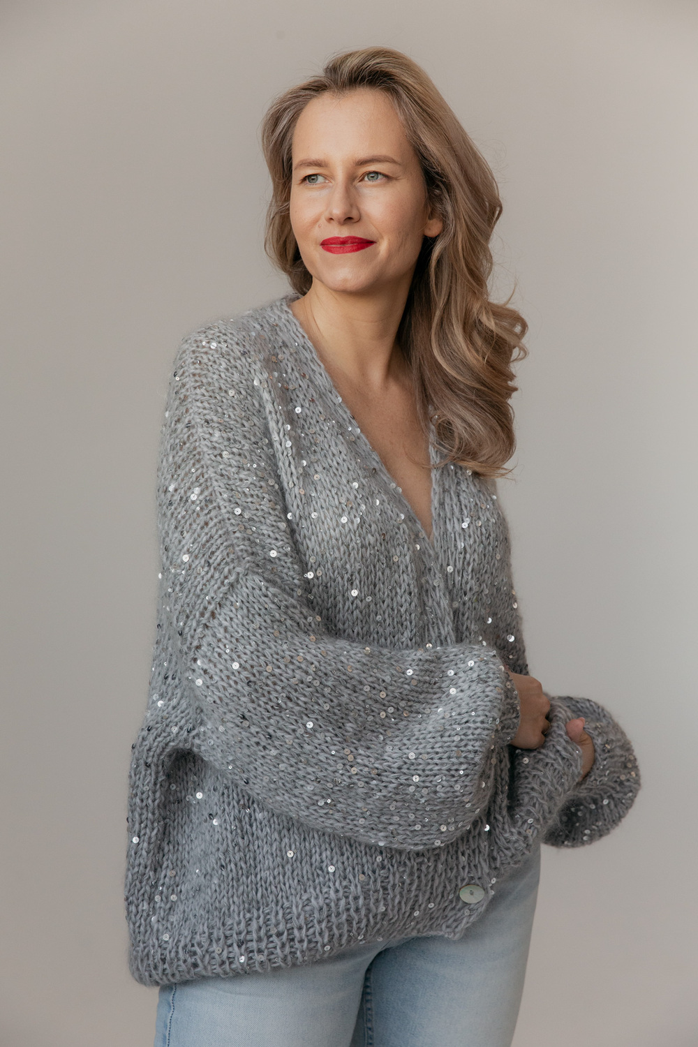 Кардиган из альпаки серебристый