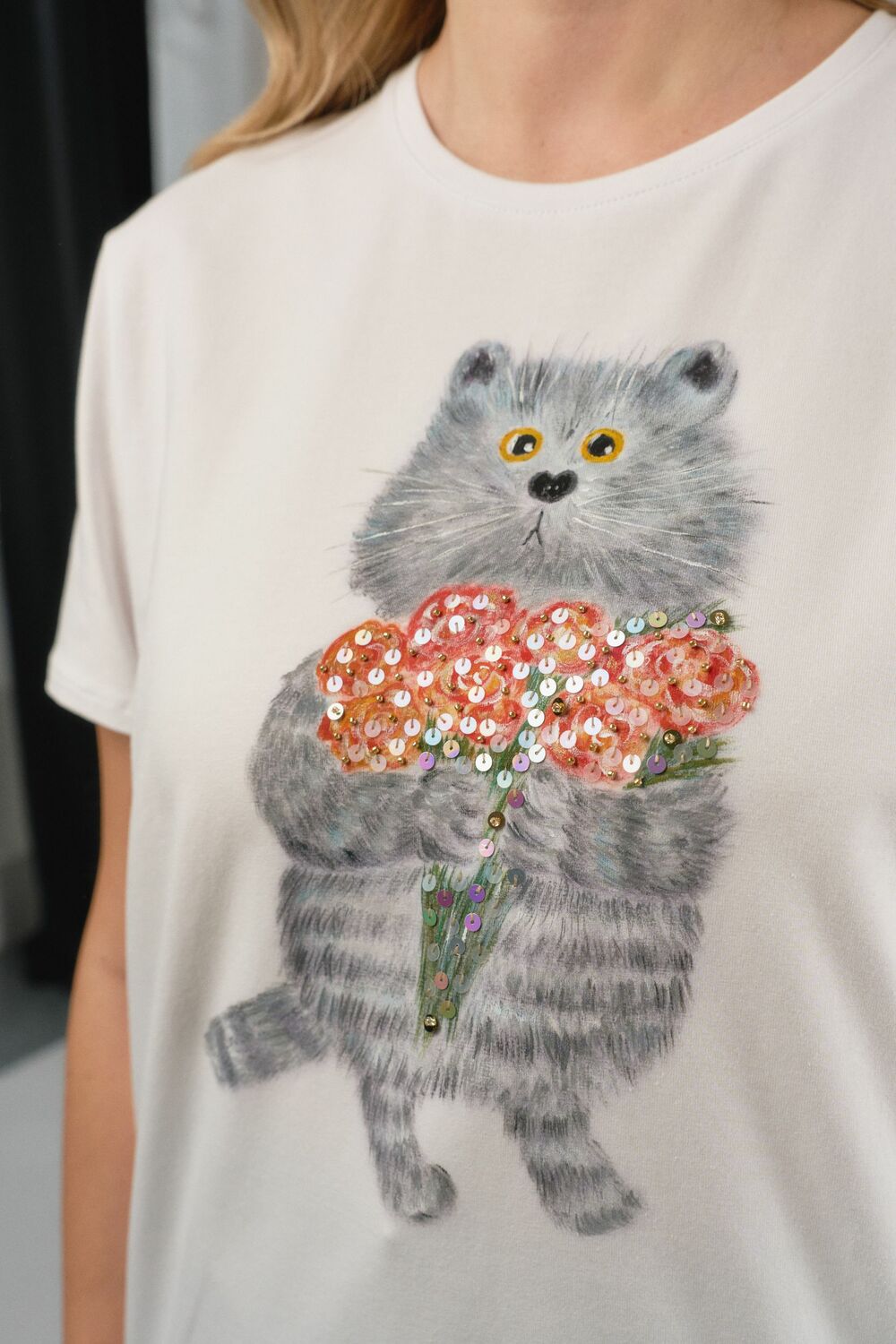 Футболка кот с букетом