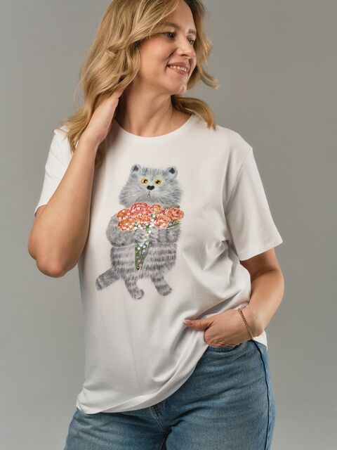 Футболка кот с букетом