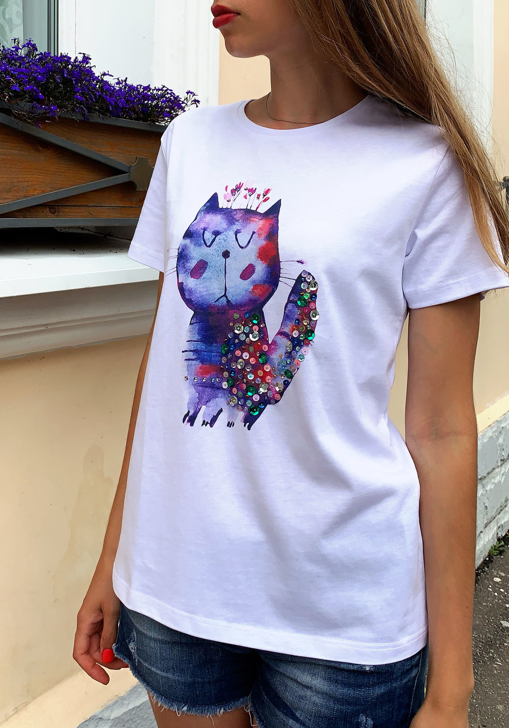 Футболка фиолетовый кот